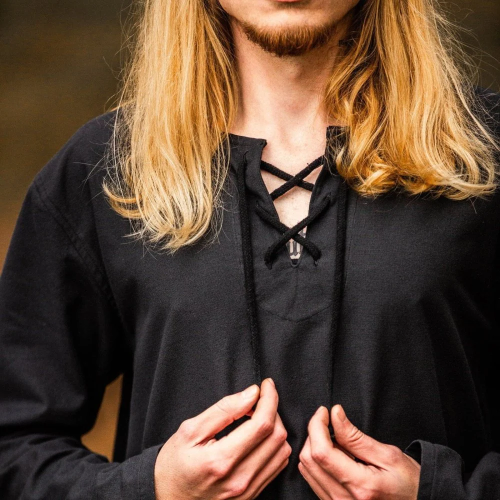 Black Cotton Pirate Shirt | Long Sleeves, Lace-Up Collar - Image 3