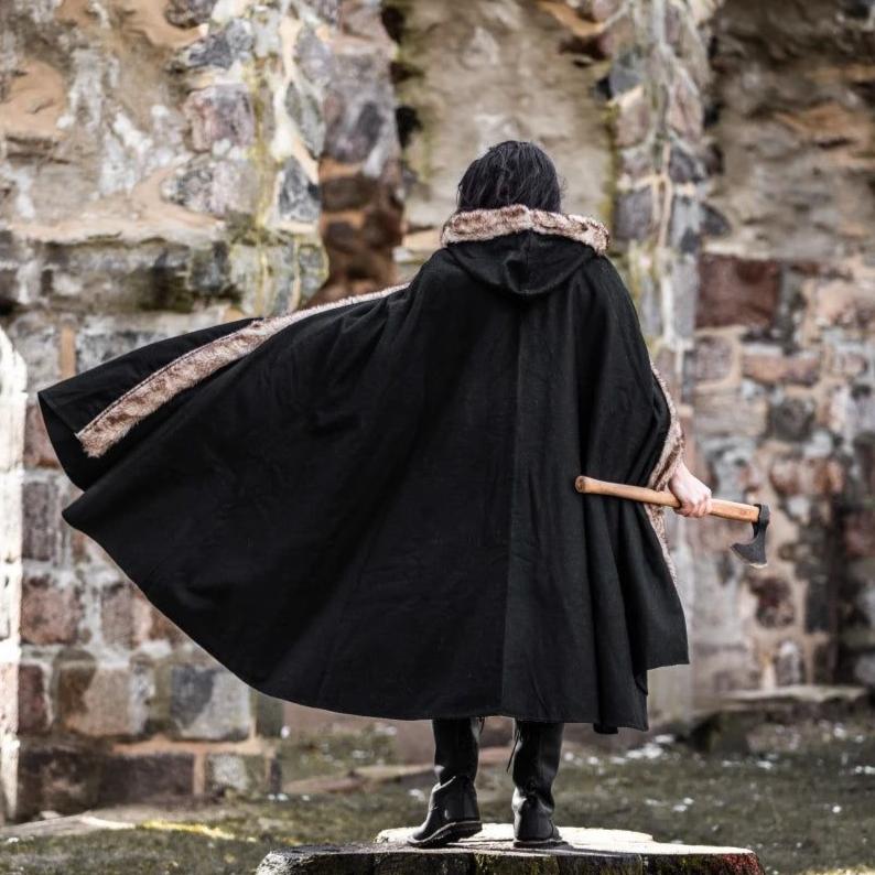 Black Hooded Pirate Cape | Wool with Faux Fur Trim - Image 10