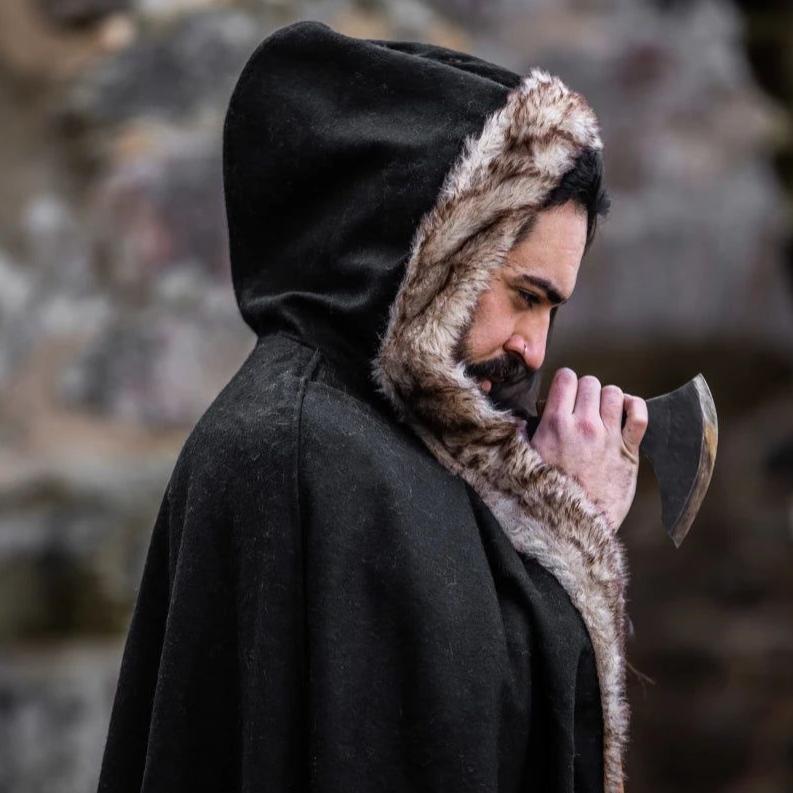 Black Hooded Pirate Cape | Wool with Faux Fur Trim - Image 11