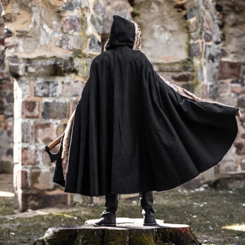 Black Hooded Pirate Cape | Wool with Faux Fur Trim - Image 12