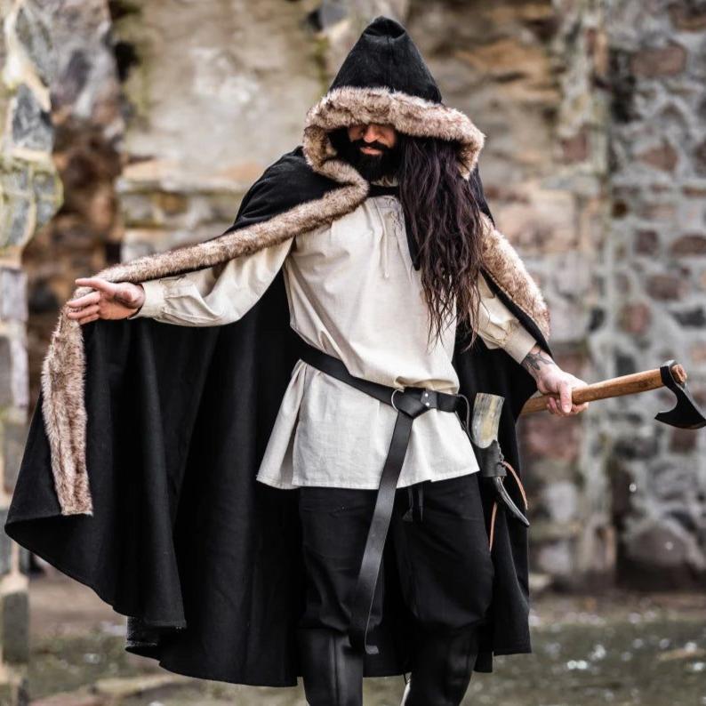 Black Hooded Pirate Cape | Wool with Faux Fur Trim - Image 9