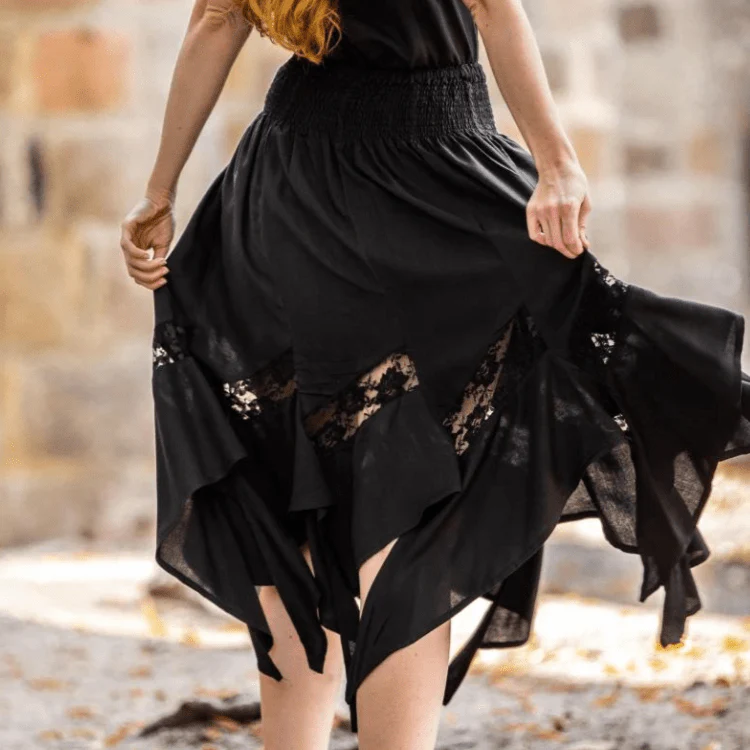 Black Pirate Skirt with Elastic Waistband | Lace Detailing - Image 5