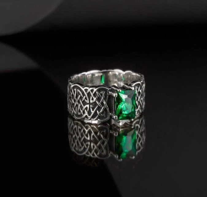 Handcrafted Sterling Silver Ornament Pirate Ring | Green Cubic Zirconia - Image 3