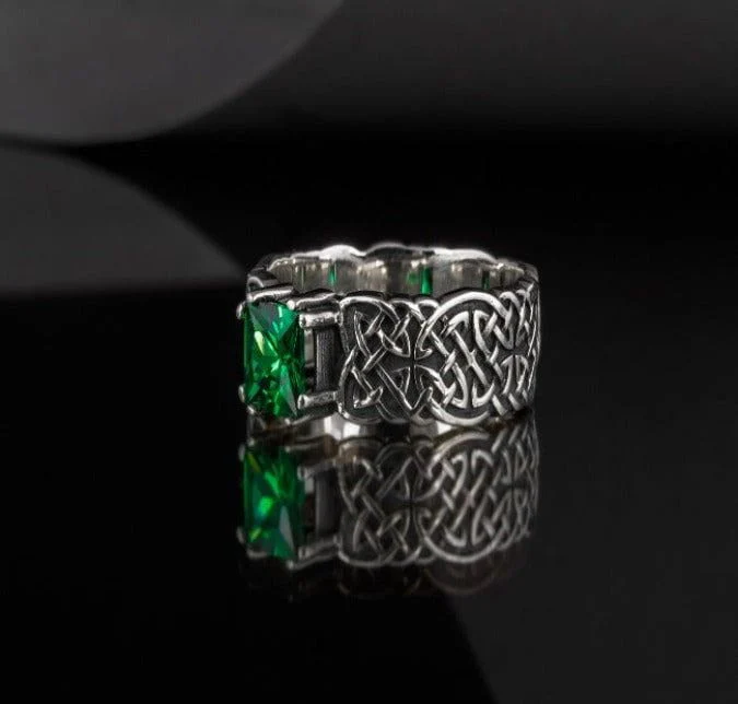 Handcrafted Sterling Silver Ornament Pirate Ring | Green Cubic Zirconia - Image 4
