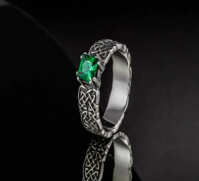 Handcrafted Sterling Silver Ornament Pirate Ring | Green Cubic Zirconia - Image 5