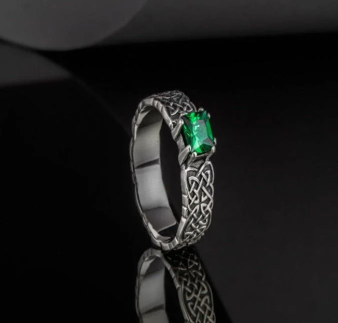 Handcrafted Sterling Silver Ornament Pirate Ring | Green Cubic Zirconia - Image 6