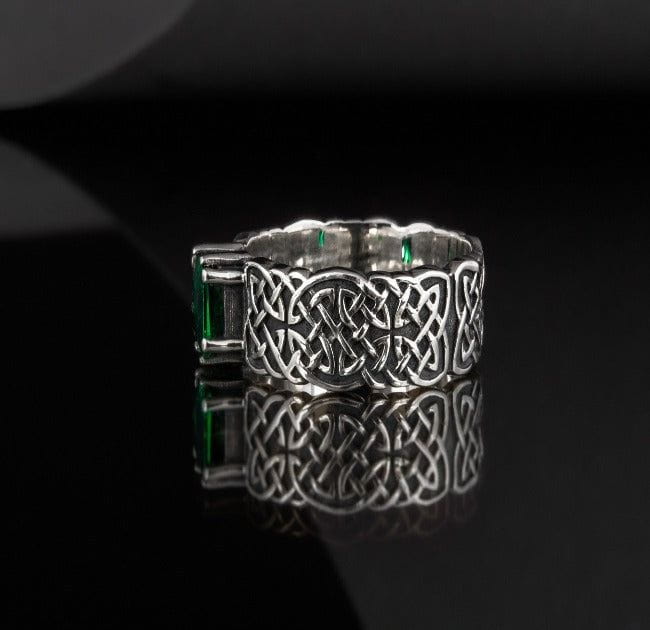 Handcrafted Sterling Silver Ornament Pirate Ring | Green Cubic Zirconia - Image 7