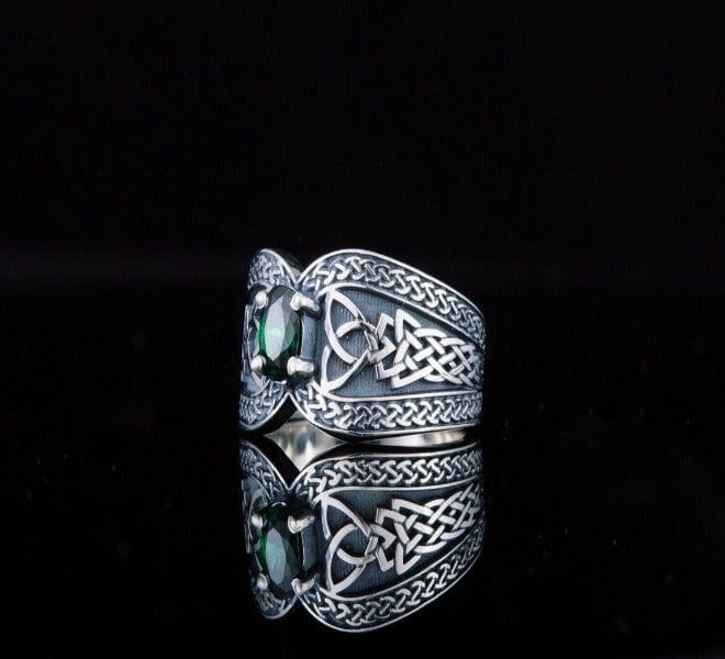Sterling Silver Norse-Inspired Pirate Ring | Green Cubic Zirconia - Image 3