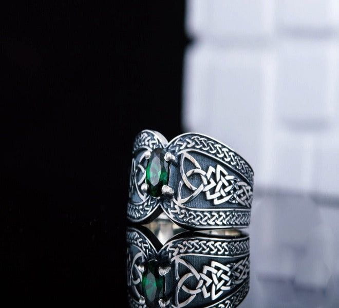 Sterling Silver Norse-Inspired Pirate Ring | Green Cubic Zirconia - Image 4