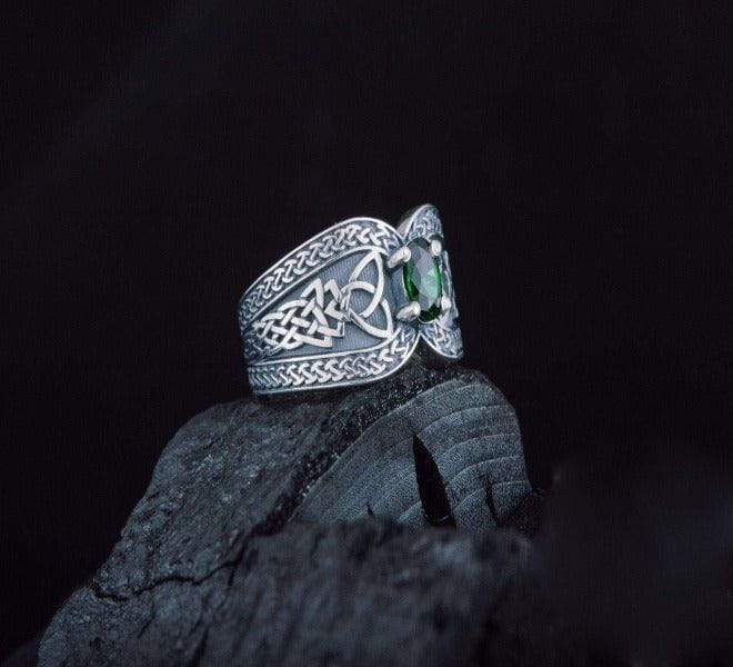Sterling Silver Norse-Inspired Pirate Ring | Green Cubic Zirconia - Image 5