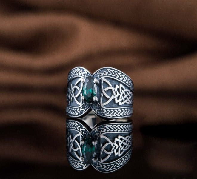 Sterling Silver Norse-Inspired Pirate Ring | Green Cubic Zirconia - Image 6