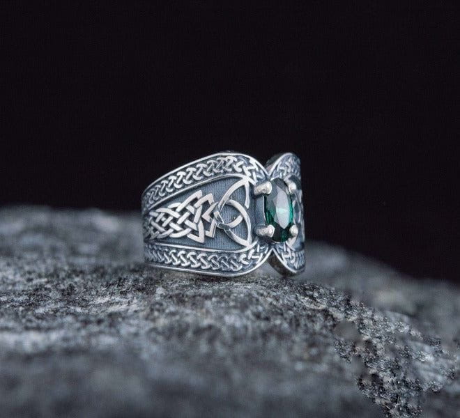 Sterling Silver Norse-Inspired Pirate Ring | Green Cubic Zirconia - Image 7