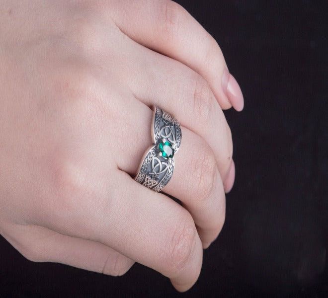 Sterling Silver Norse-Inspired Pirate Ring | Green Cubic Zirconia - Image 8