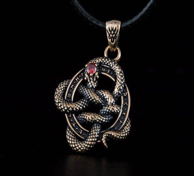Bronze Snake Pirate Pendant | Red Cubic Zirconia & Runes - Image 3