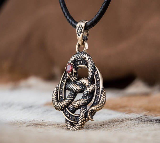 Bronze Snake Pirate Pendant | Red Cubic Zirconia & Runes - Image 4