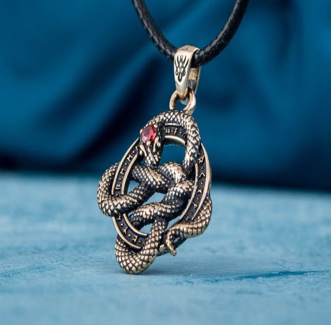 Bronze Snake Pirate Pendant | Red Cubic Zirconia & Runes - Image 5