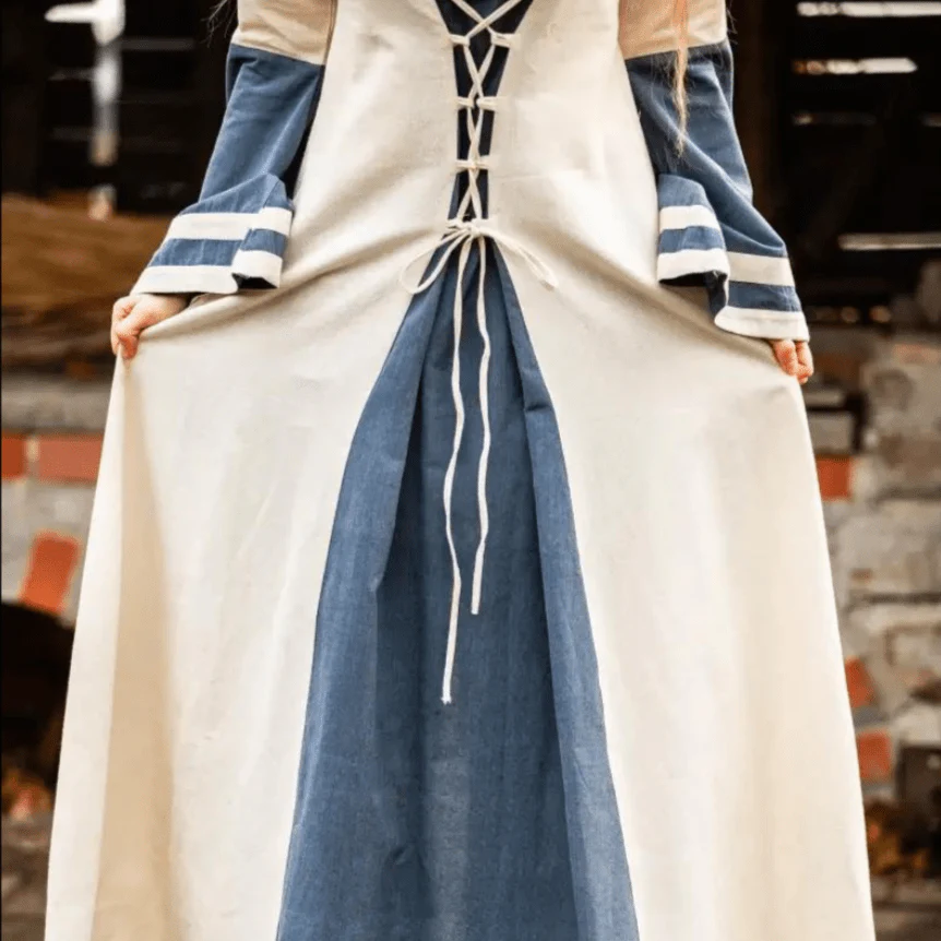 Natural and Blue Cotton Viking-Inspired Pirate Dress | Long-Sleeve - Image 10