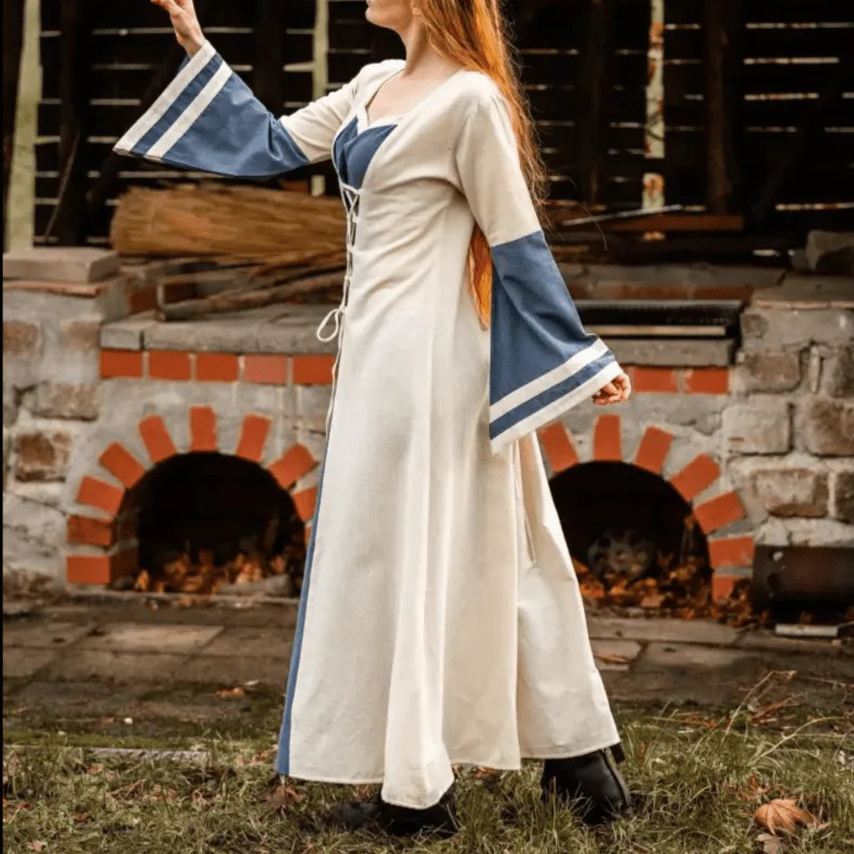 Natural and Blue Cotton Viking-Inspired Pirate Dress | Long-Sleeve - Image 3