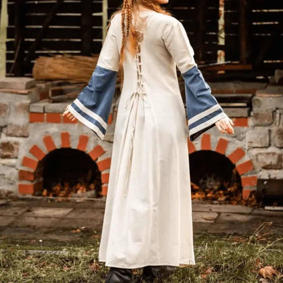 Natural and Blue Cotton Viking-Inspired Pirate Dress | Long-Sleeve - Image 4