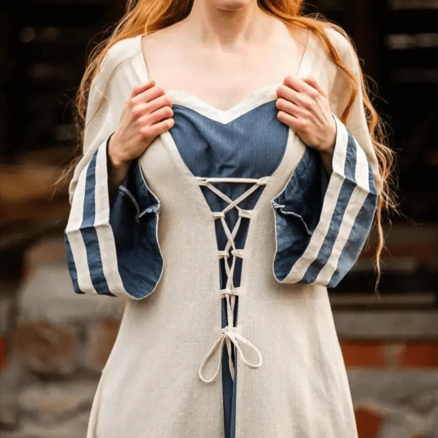 Natural and Blue Cotton Viking-Inspired Pirate Dress | Long-Sleeve - Image 5