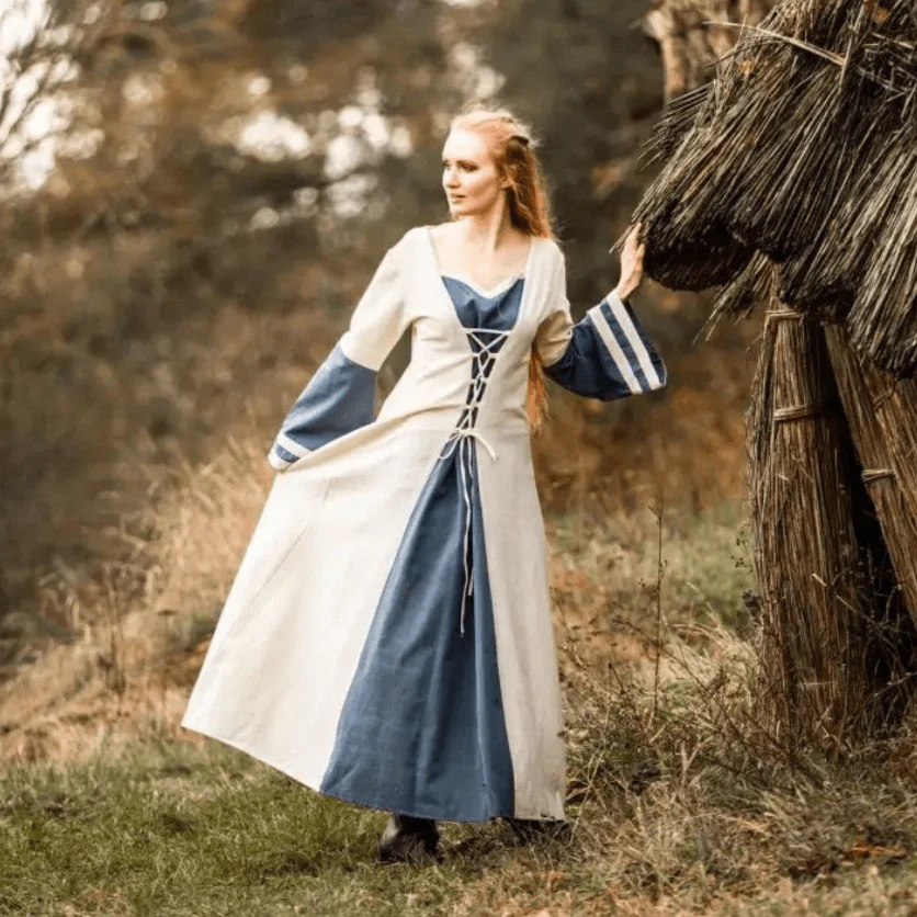 Natural and Blue Cotton Viking-Inspired Pirate Dress | Long-Sleeve - Image 6