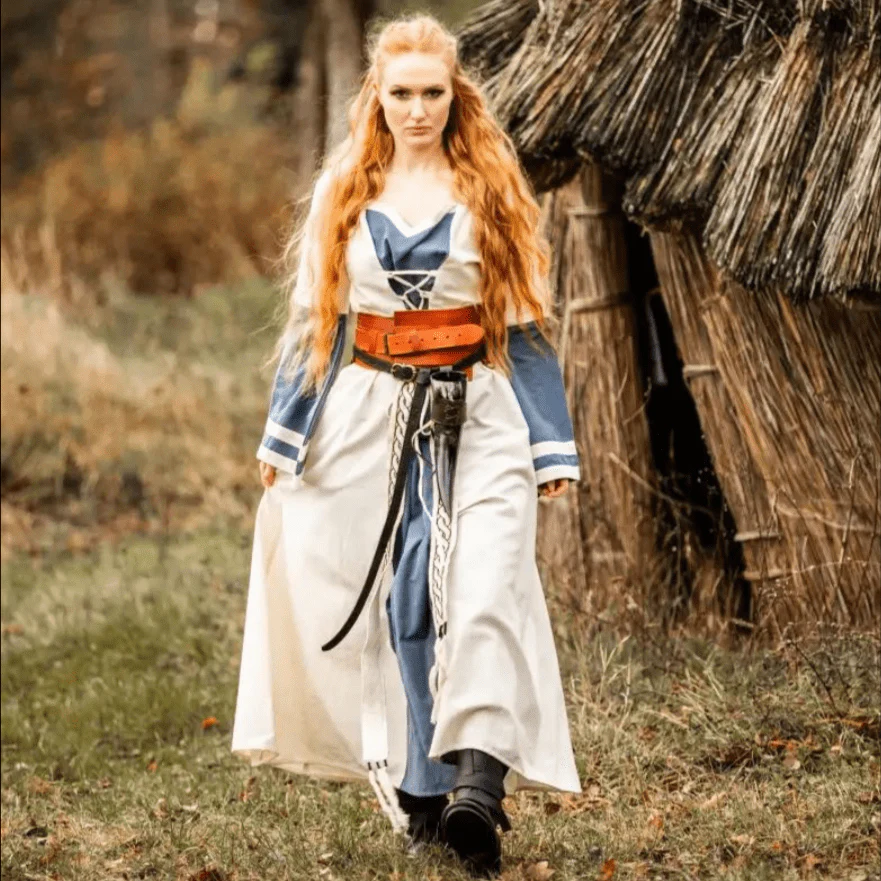 Natural and Blue Cotton Viking-Inspired Pirate Dress | Long-Sleeve - Image 7