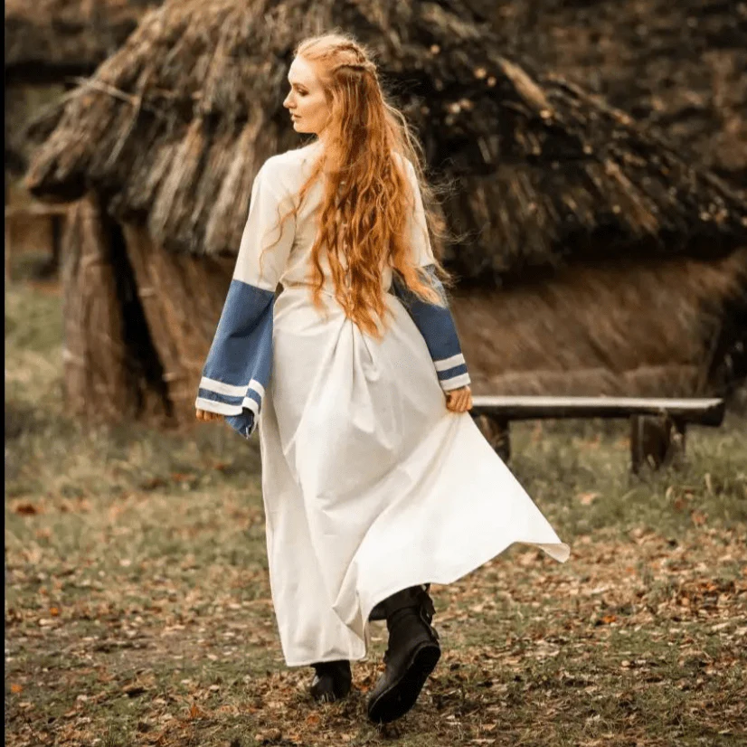 Natural and Blue Cotton Viking-Inspired Pirate Dress | Long-Sleeve - Image 9