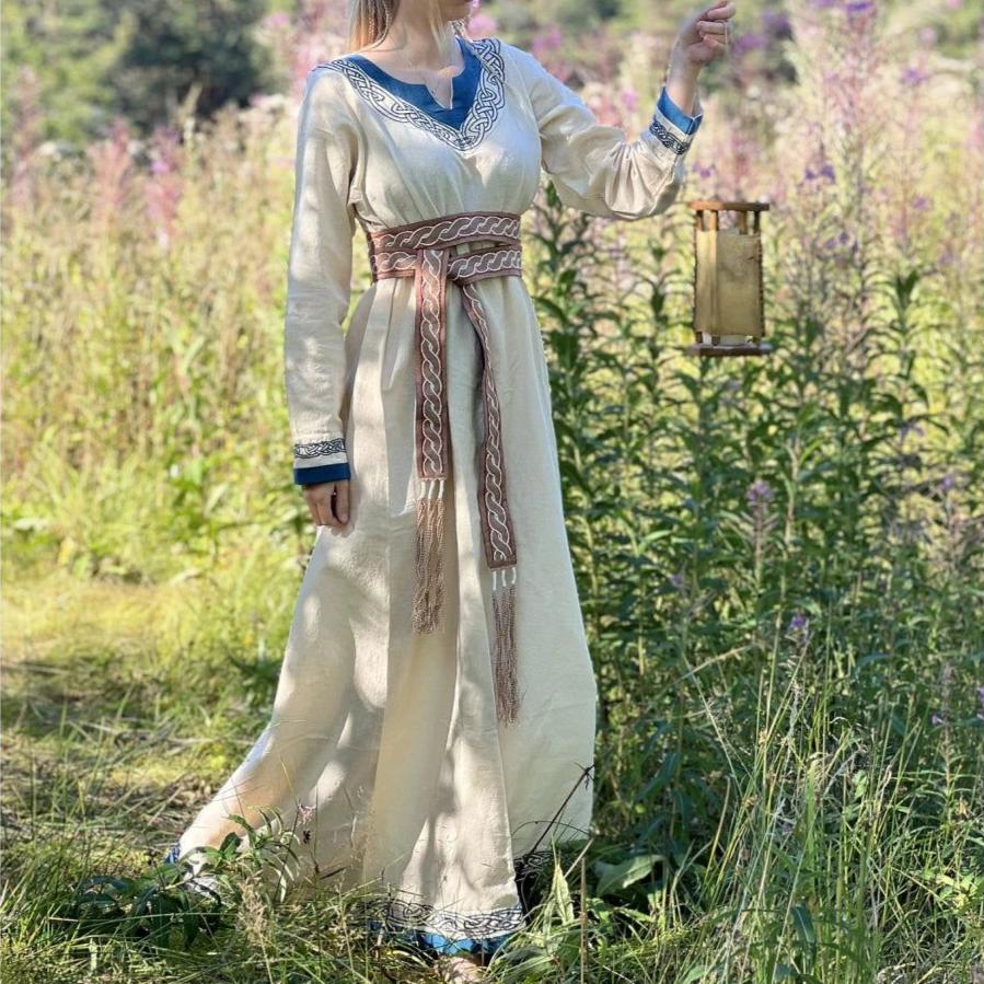 Natural Cotton Pirate Gown | Blue-Trimmed Buccaneer Dress - Image 4