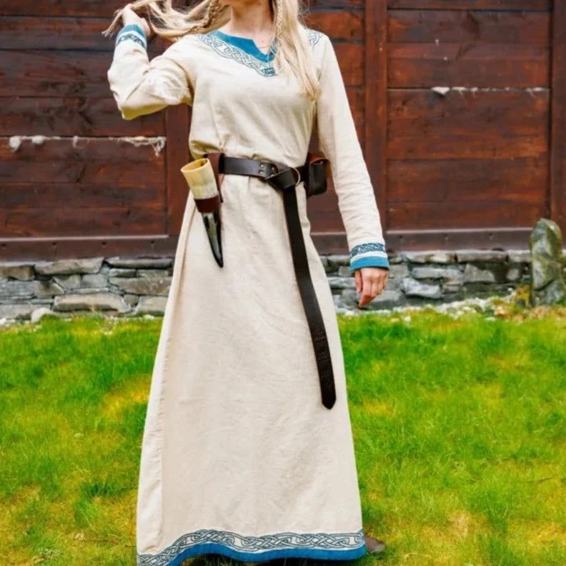 Natural Cotton Pirate Gown | Blue-Trimmed Buccaneer Dress - Image 7