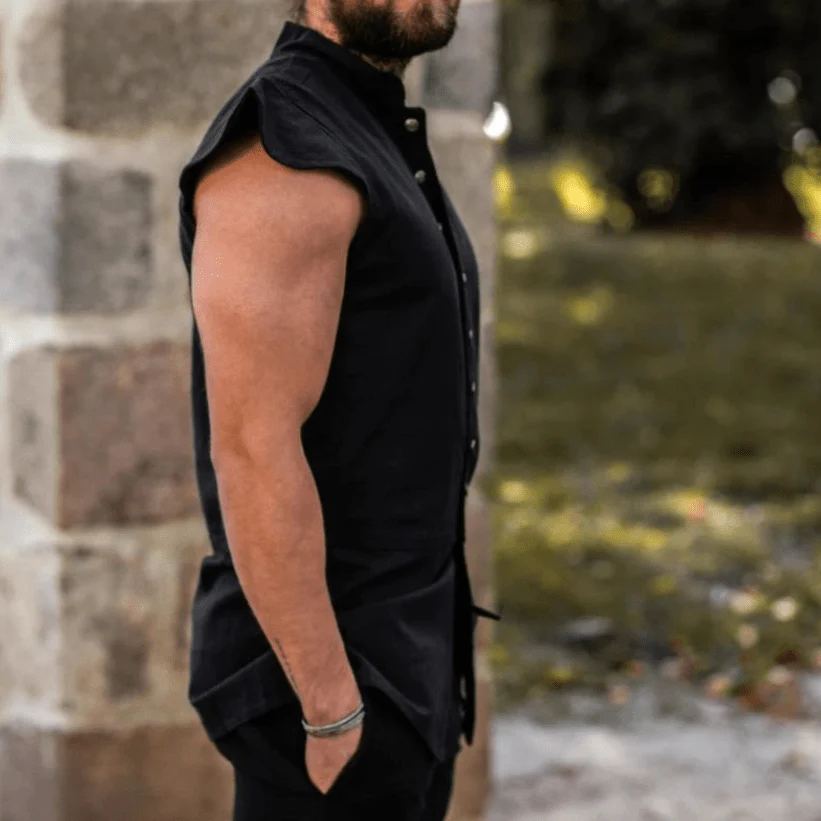 Black Sleeveless Button-Up Cotton Vest | Authentic Pirate Attire - Image 4